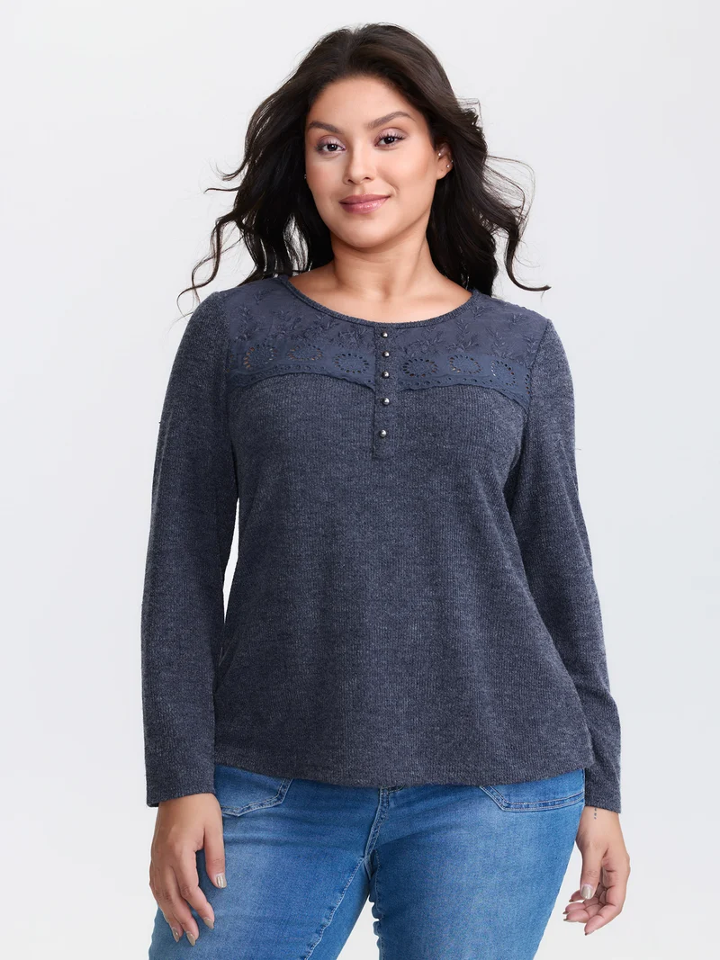 Ribbed Lace Trim Button Detail T-Shirt