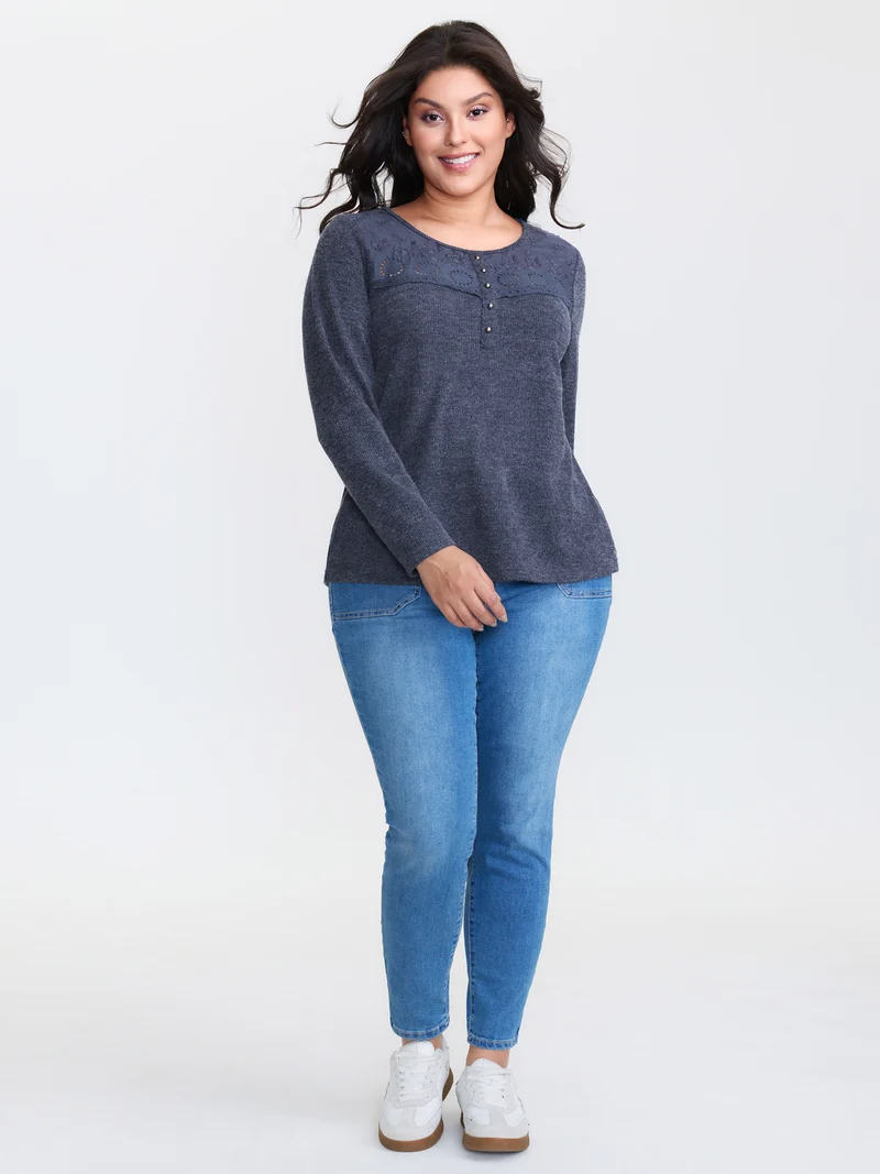 Ribbed Lace Trim Button Detail T-Shirt