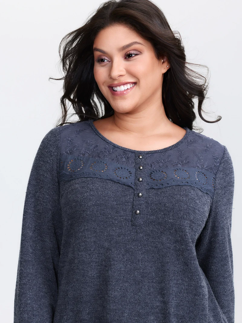 Ribbed Lace Trim Button Detail T-Shirt