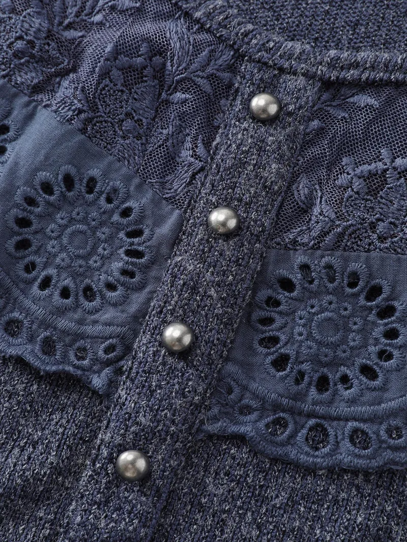 Ribbed Lace Trim Button Detail T-Shirt
