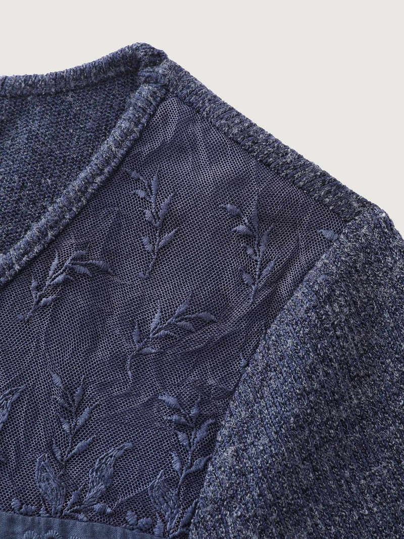 Ribbed Lace Trim Button Detail T-Shirt