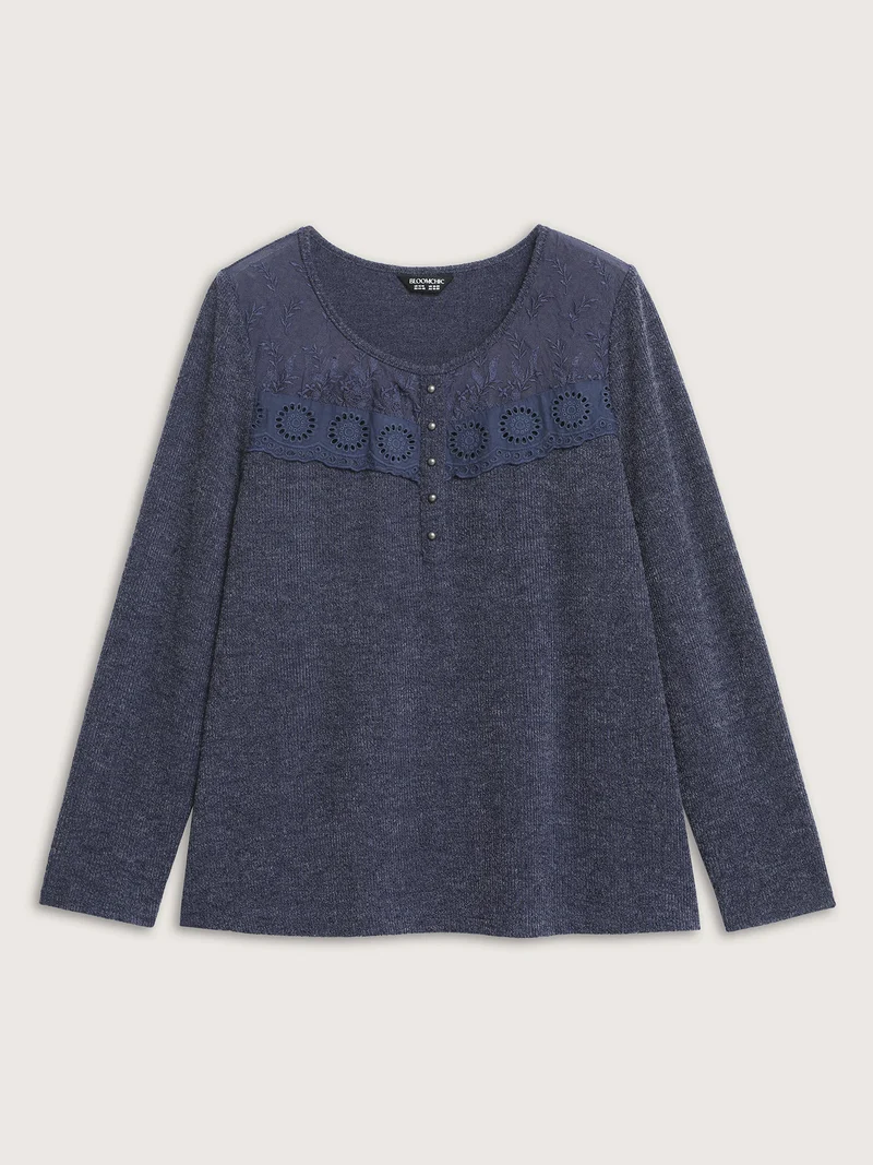 Ribbed Lace Trim Button Detail T-Shirt