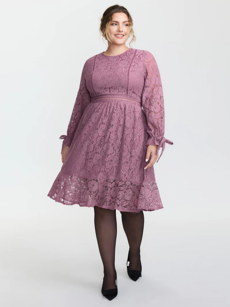 Lace Stretchy Waist Pockets Midi Dress