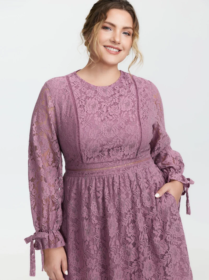 Lace Stretchy Waist Pockets Midi Dress