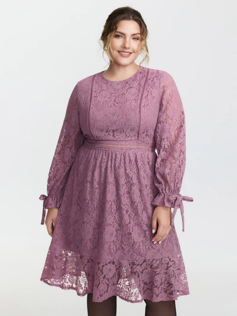 Lace Stretchy Waist Pockets Midi Dress