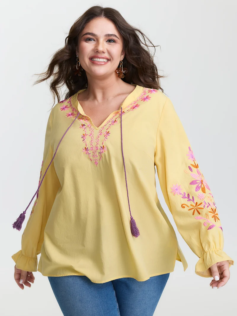 Floral Embroidery Neck Tie Blouse