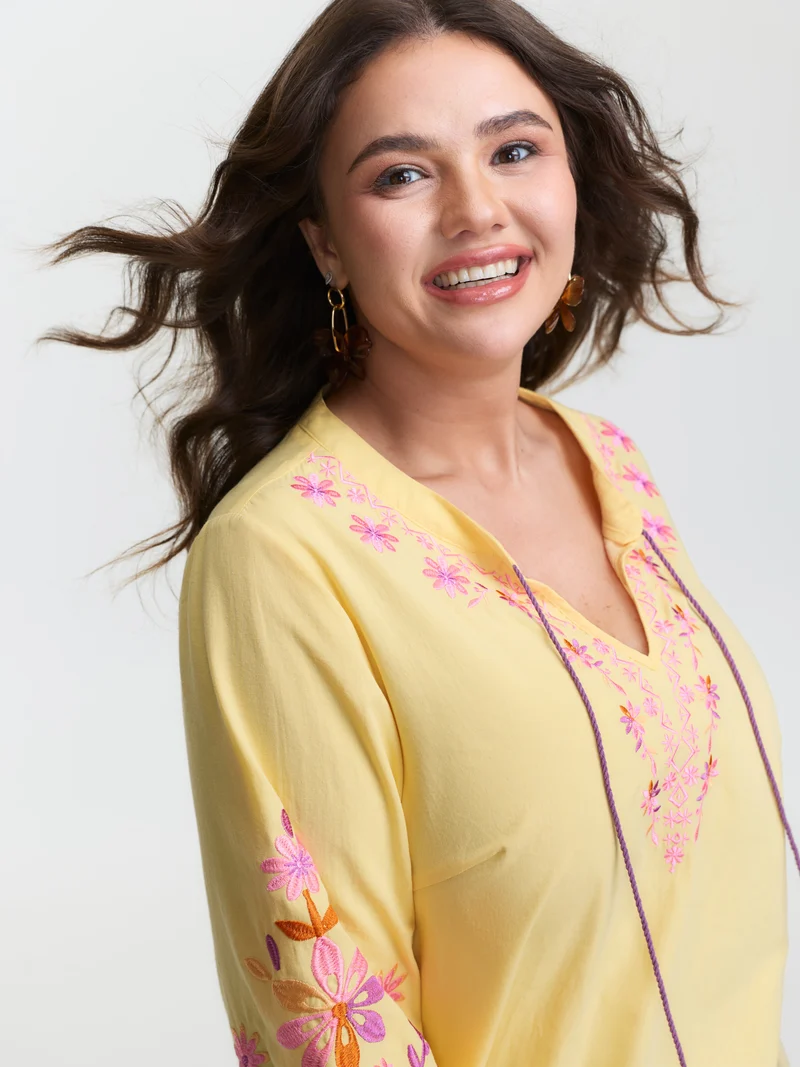 Floral Embroidery Neck Tie Blouse