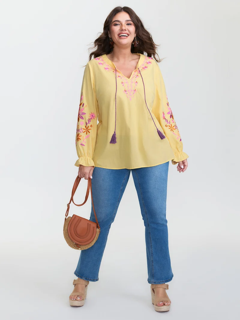 Floral Embroidery Neck Tie Blouse