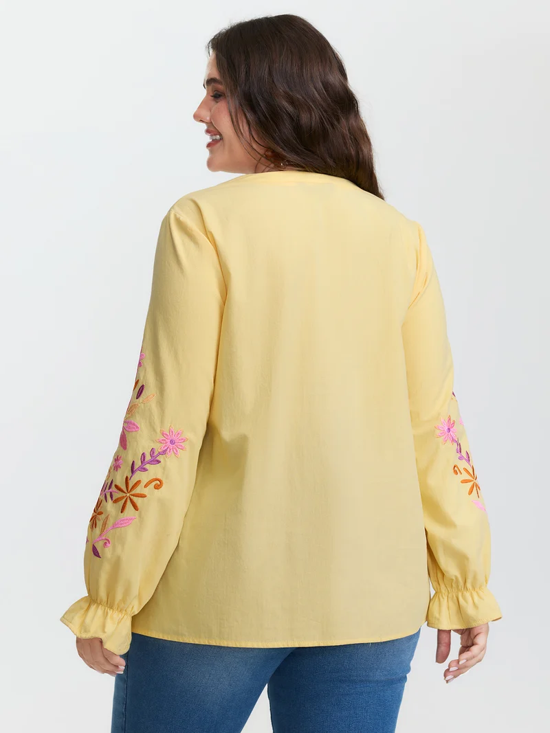 Floral Embroidery Neck Tie Blouse
