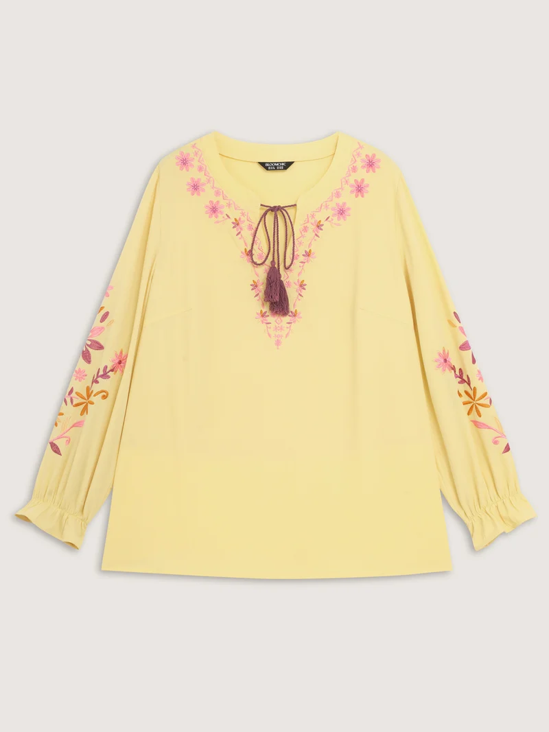 Floral Embroidery Neck Tie Blouse