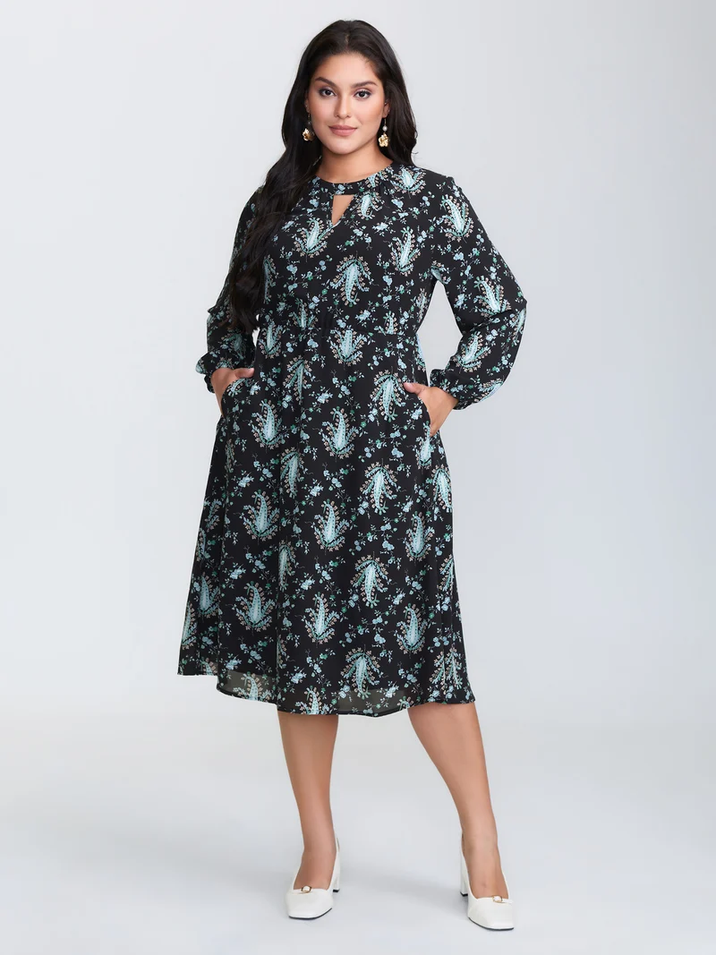 Paisley Print Stretchy Waist-Defining Midi Dress