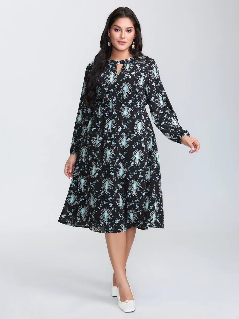 Paisley Print Stretchy Waist-Defining Midi Dress