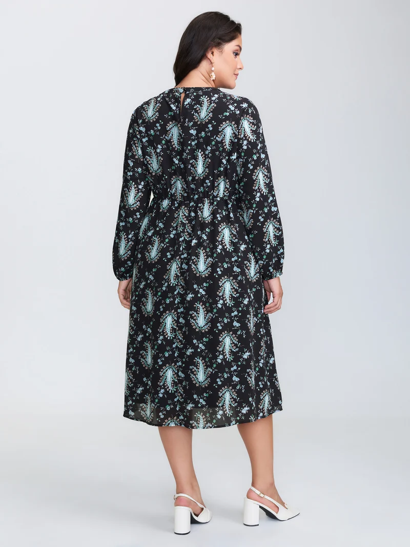 Paisley Print Stretchy Waist-Defining Midi Dress