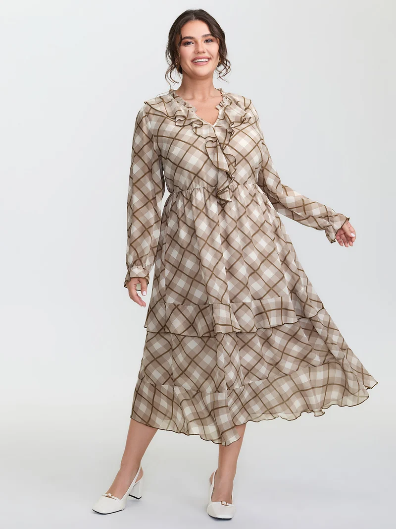 Checkered Stretchy Waist Ruffled Maxi Dress