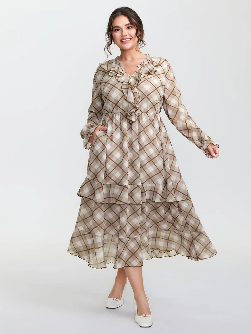 Checkered Stretchy Waist Ruffled Maxi Dress