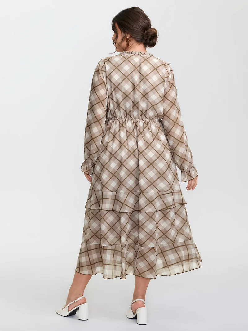 Checkered Stretchy Waist Ruffled Maxi Dress