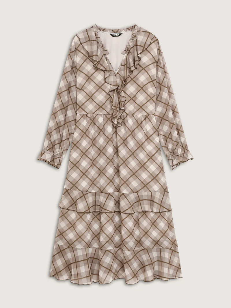 Checkered Stretchy Waist Ruffled Maxi Dress