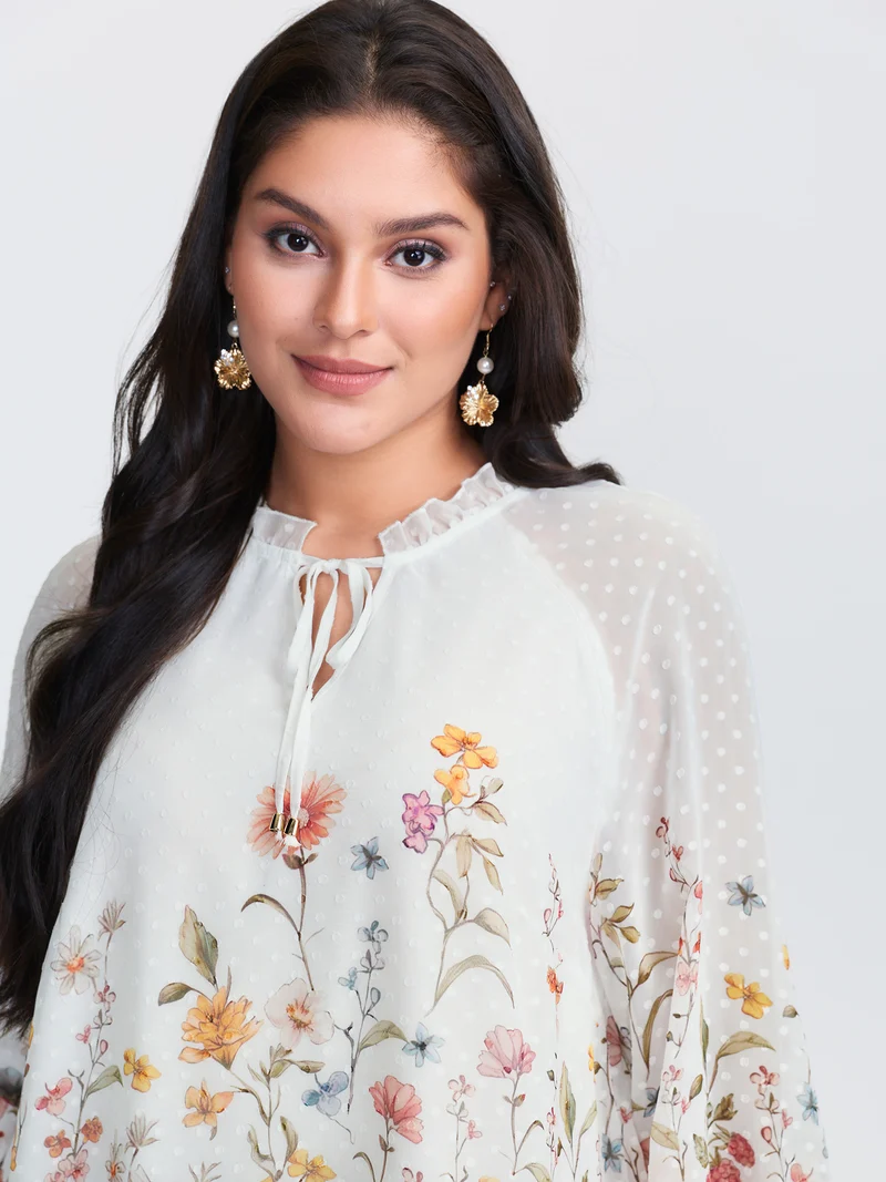 Floral Print Textured Ruffled Neckline Blouse