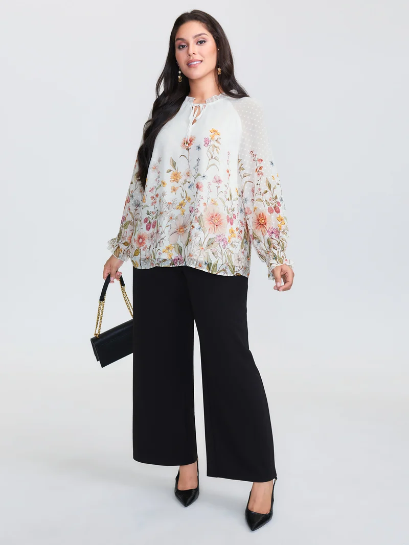 Floral Print Textured Ruffled Neckline Blouse
