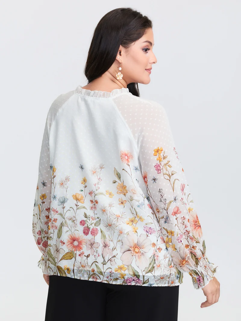 Floral Print Textured Ruffled Neckline Blouse