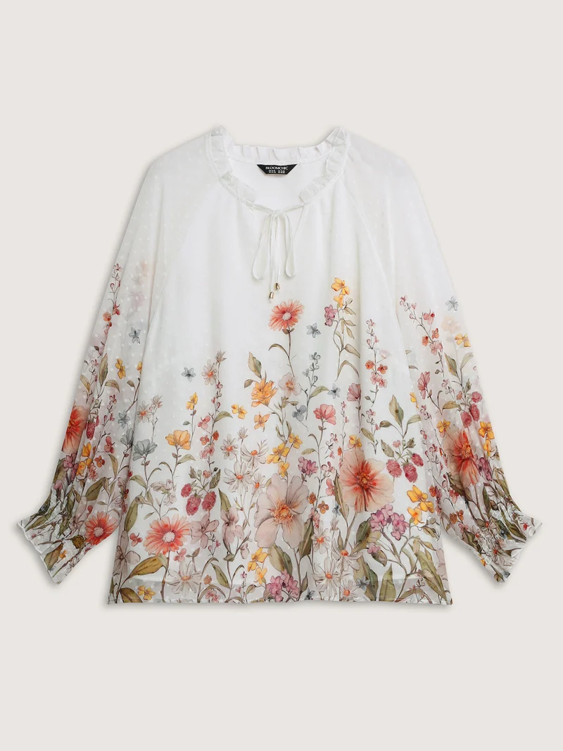 Floral Print Textured Ruffled Neckline Blouse