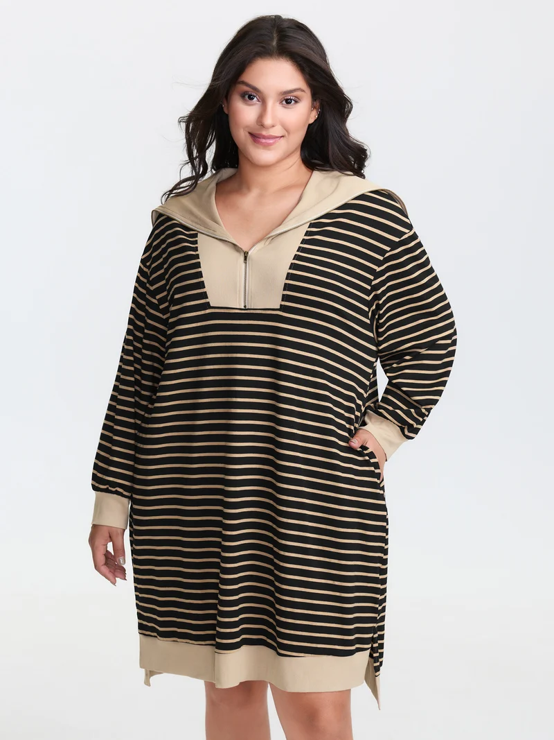 Stripe Folded Collar Half Zipper Midi Dress