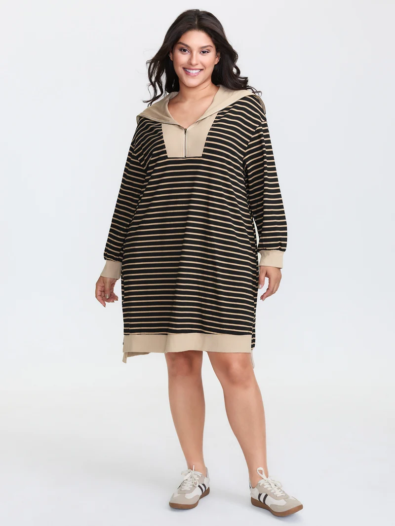 Stripe Folded Collar Half Zipper Midi Dress