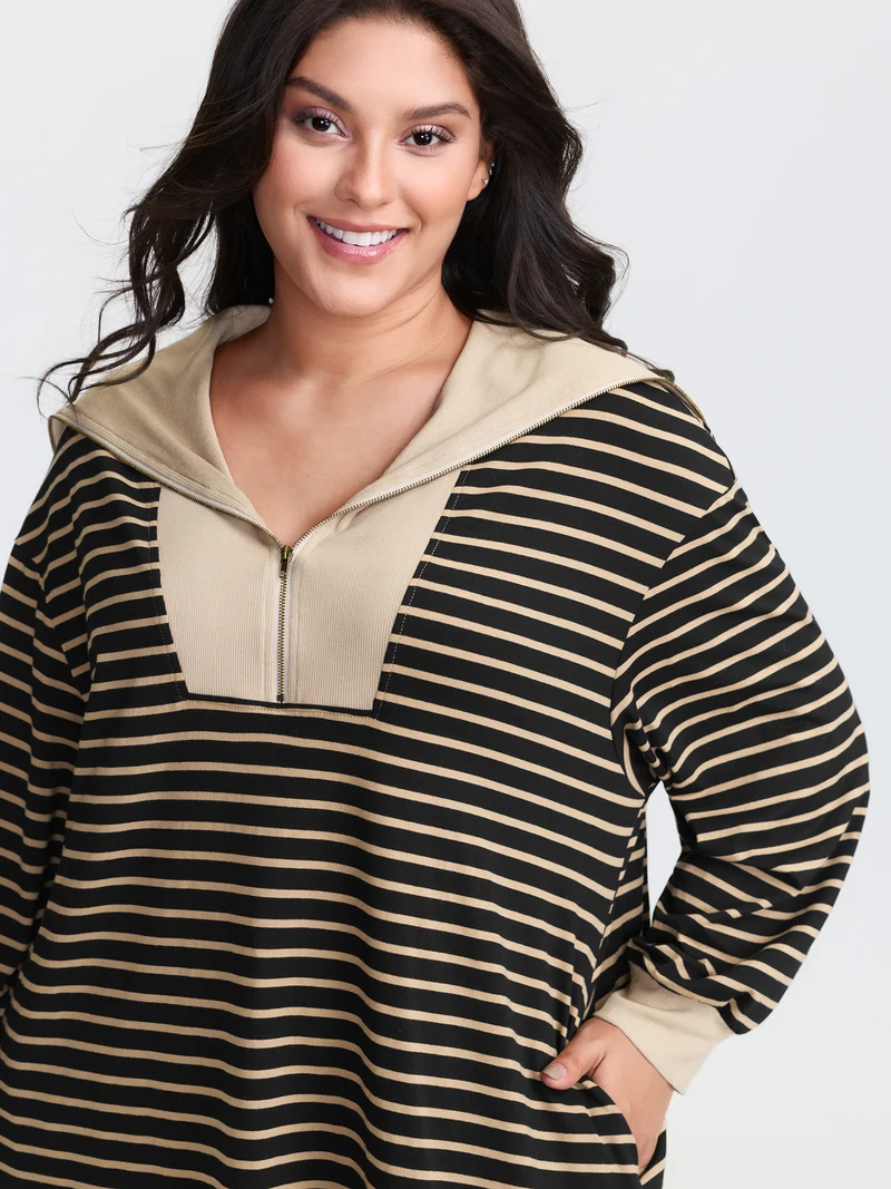Stripe Folded Collar Half Zipper Midi Dress