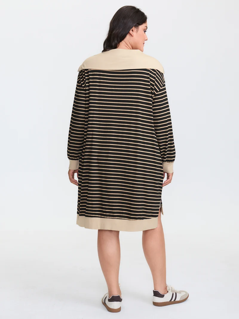 Stripe Folded Collar Half Zipper Midi Dress