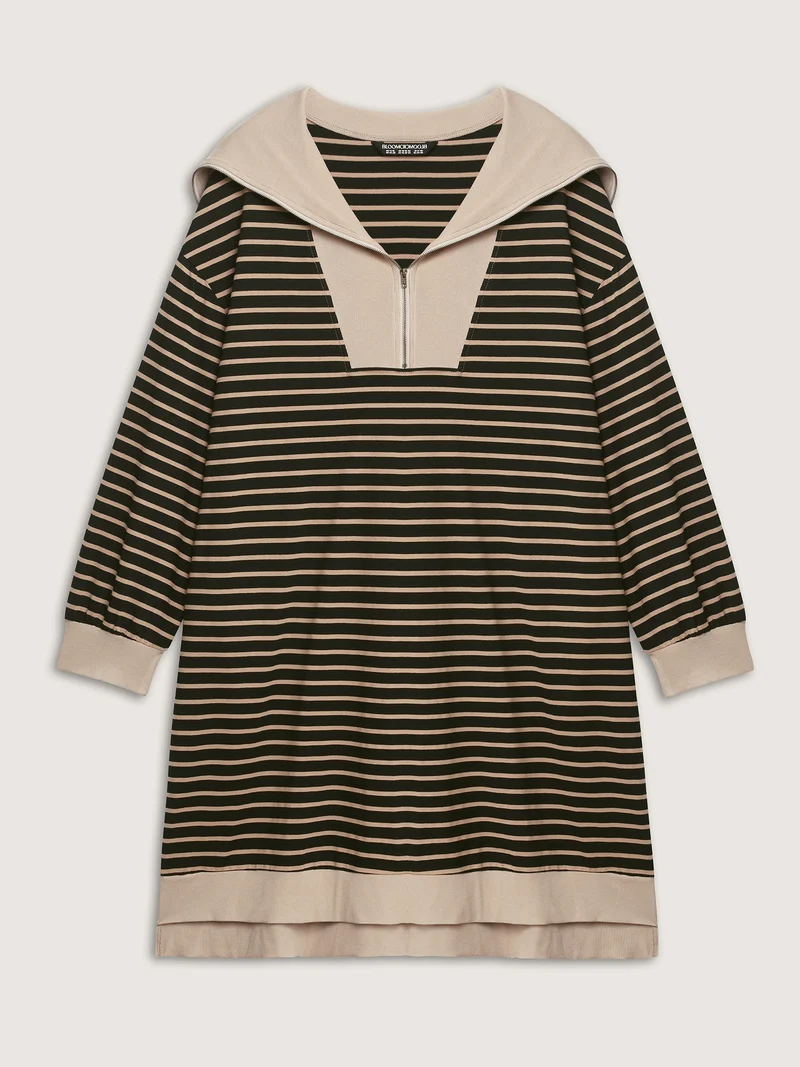 Stripe Folded Collar Half Zipper Midi Dress