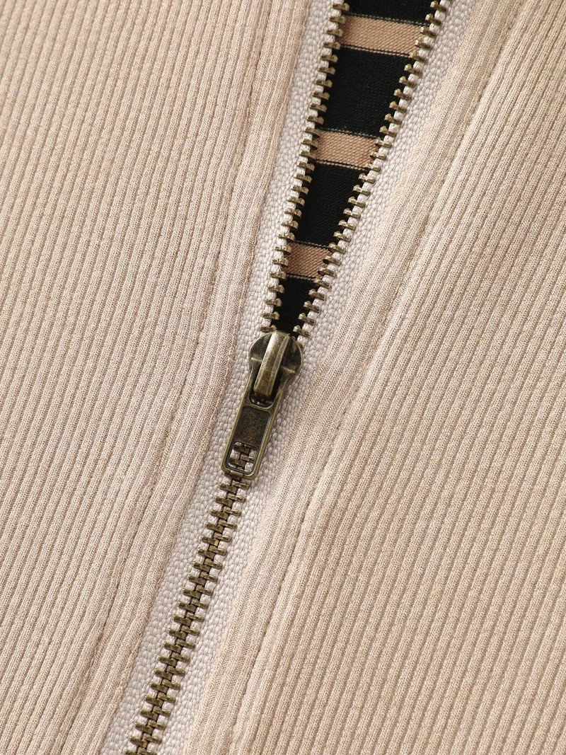 Stripe Folded Collar Half Zipper Midi Dress