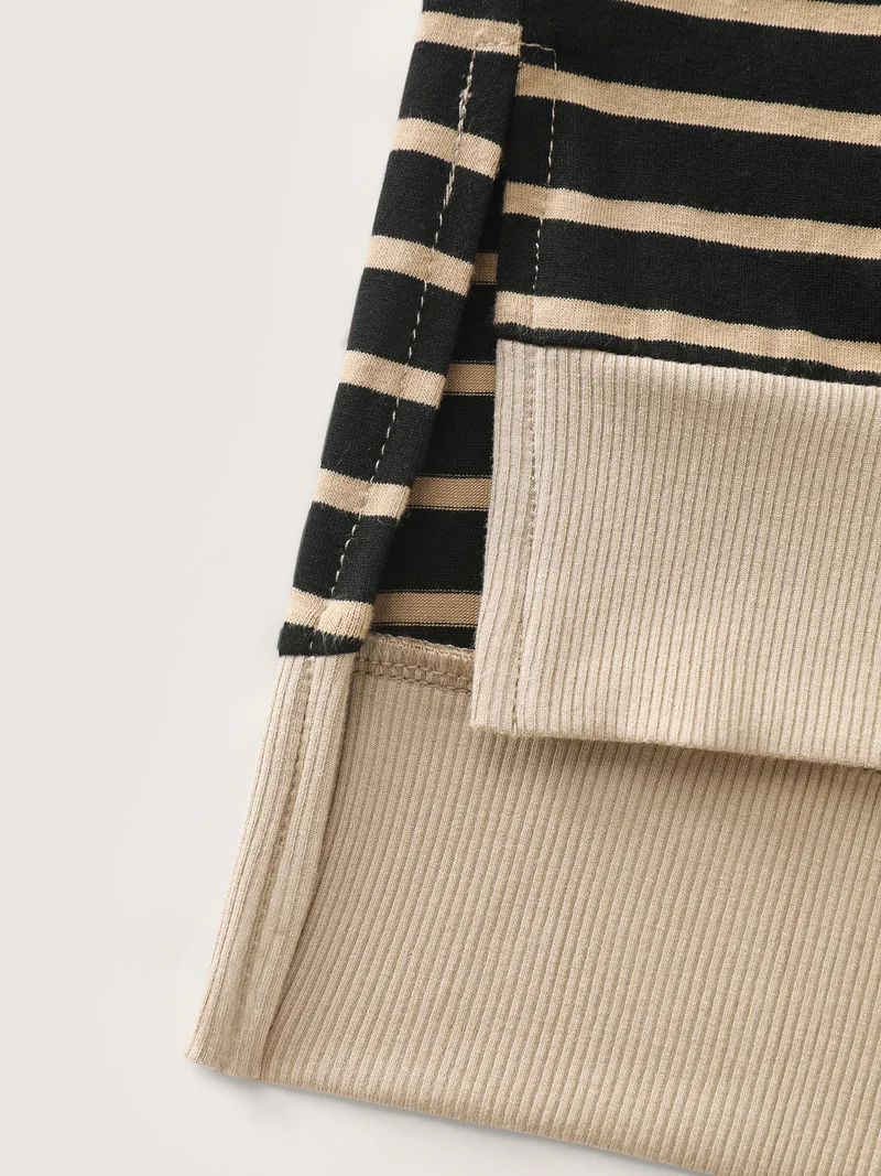 Stripe Folded Collar Half Zipper Midi Dress