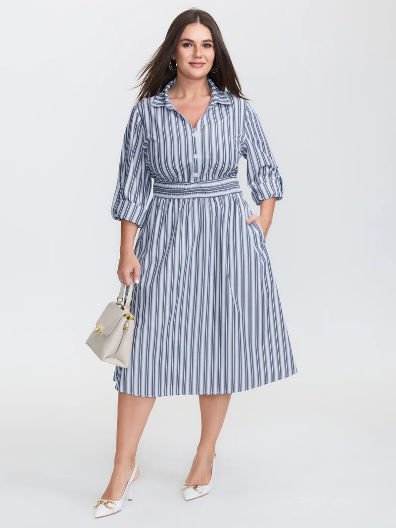 Monochrome Stripe Tab Sleeve Button Midi Dress