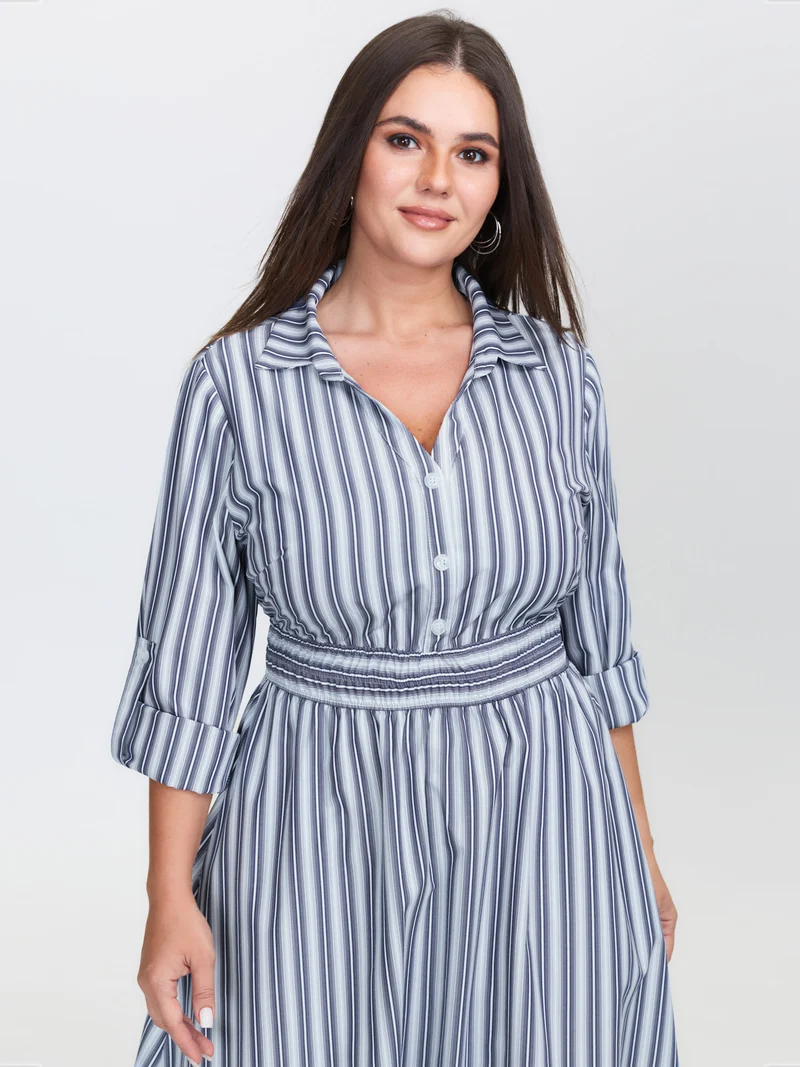 Monochrome Stripe Tab Sleeve Button Midi Dress
