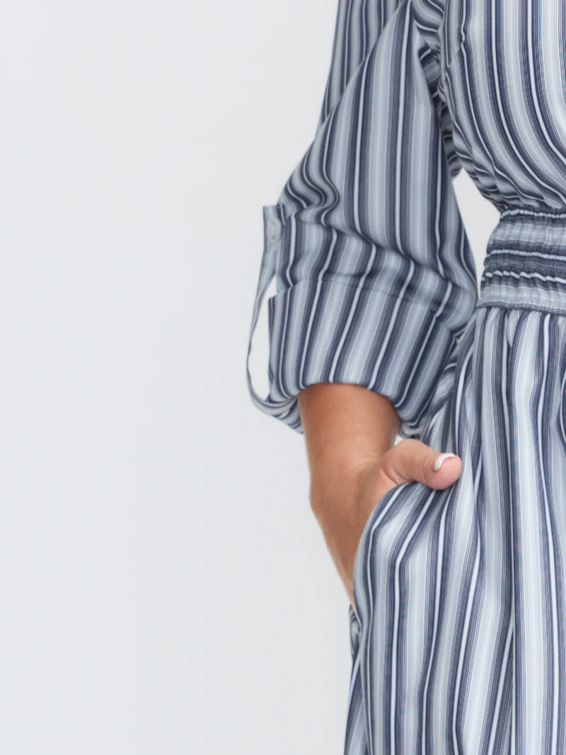 Monochrome Stripe Tab Sleeve Button Midi Dress