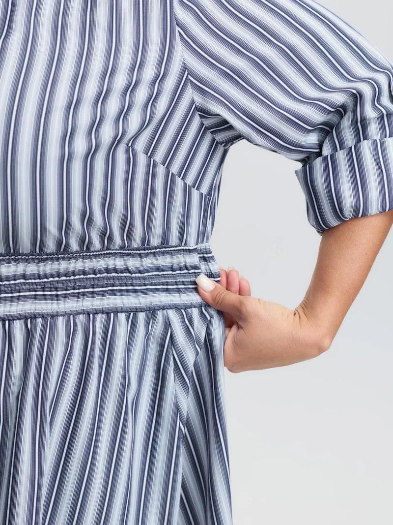 Monochrome Stripe Tab Sleeve Button Midi Dress