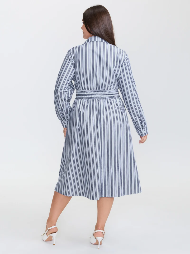 Monochrome Stripe Tab Sleeve Button Midi Dress