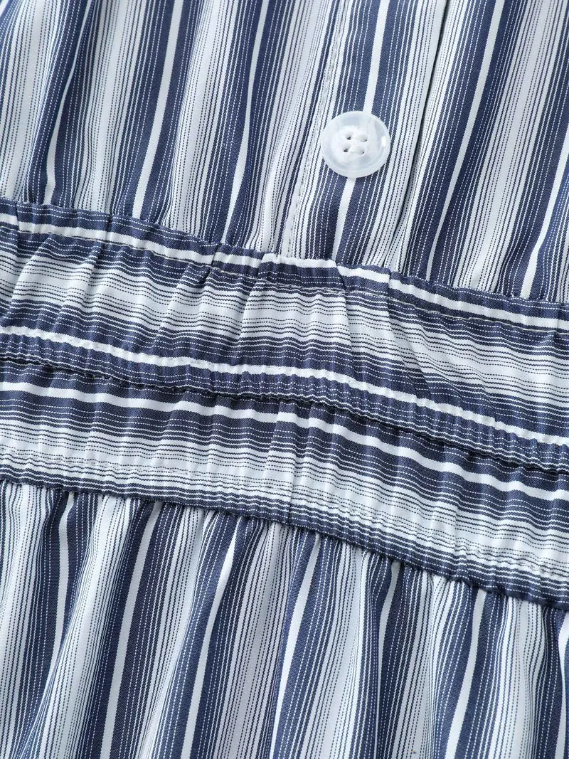 Monochrome Stripe Tab Sleeve Button Midi Dress