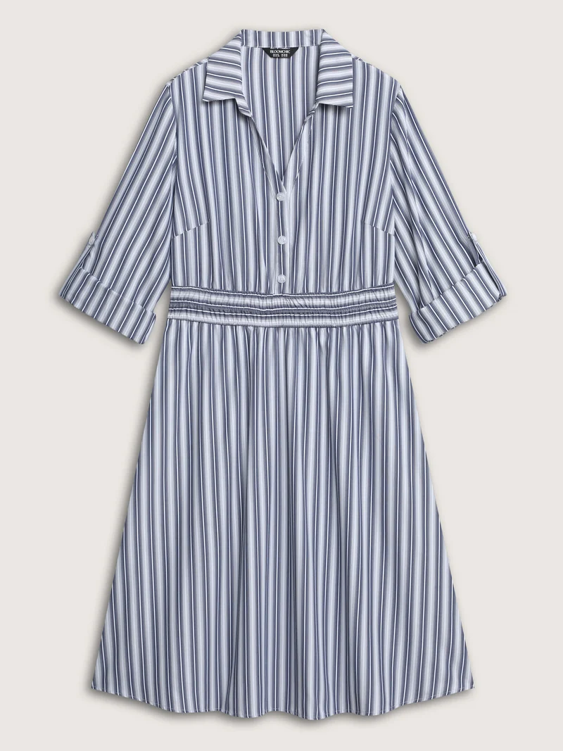 Monochrome Stripe Tab Sleeve Button Midi Dress