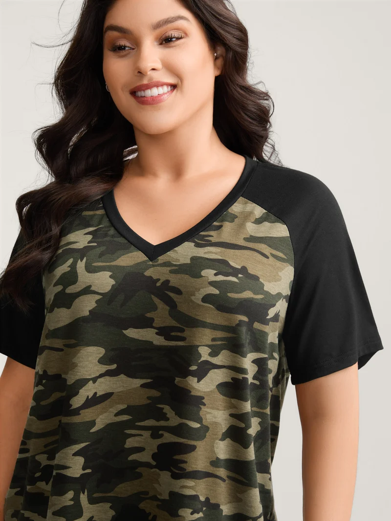 Camouflage Print Raglan Sleeve T-Shirt