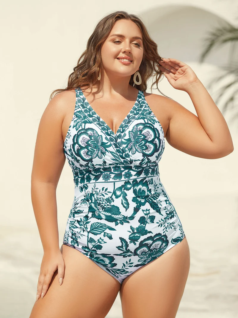 Two-Piece Floral Print Ruched Mesh Swimsuit, Sarong