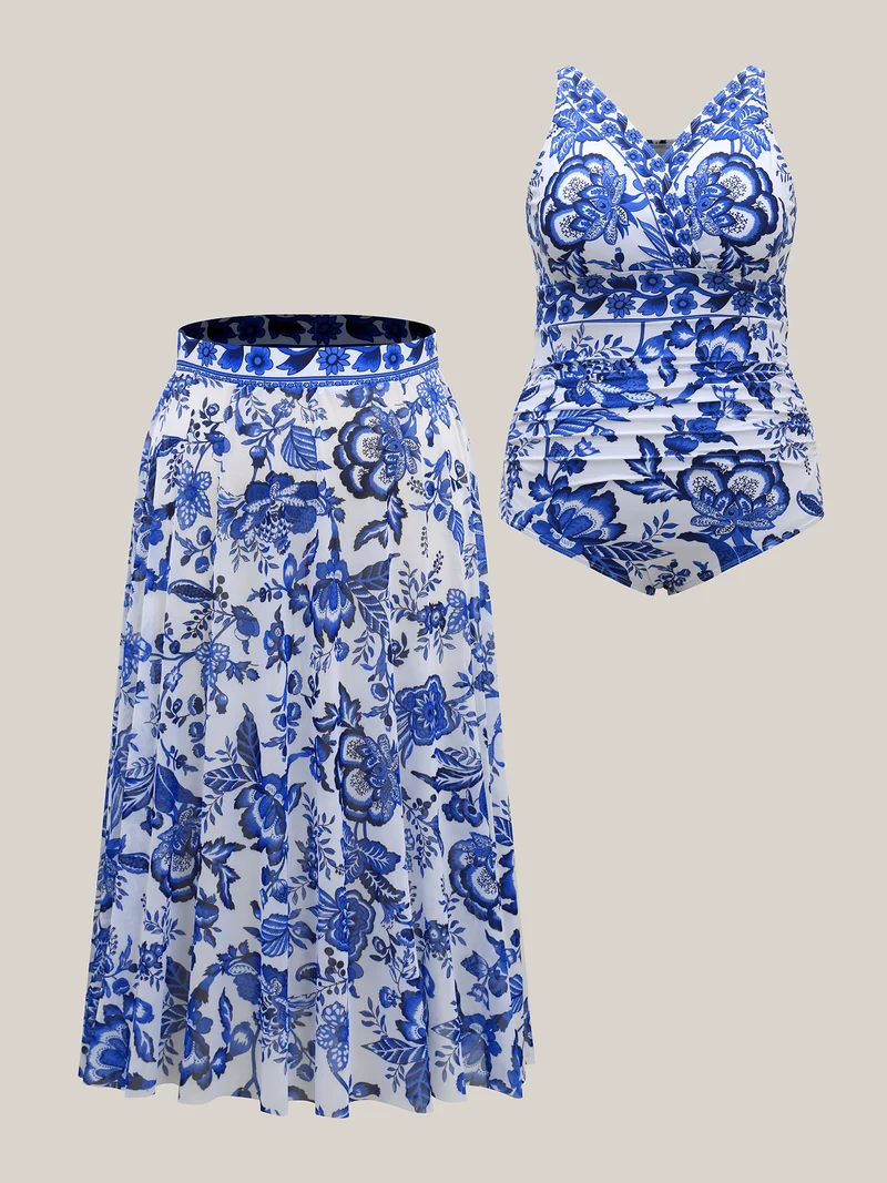 Two-Piece Floral Print Ruched Mesh Swimsuit, Sarong