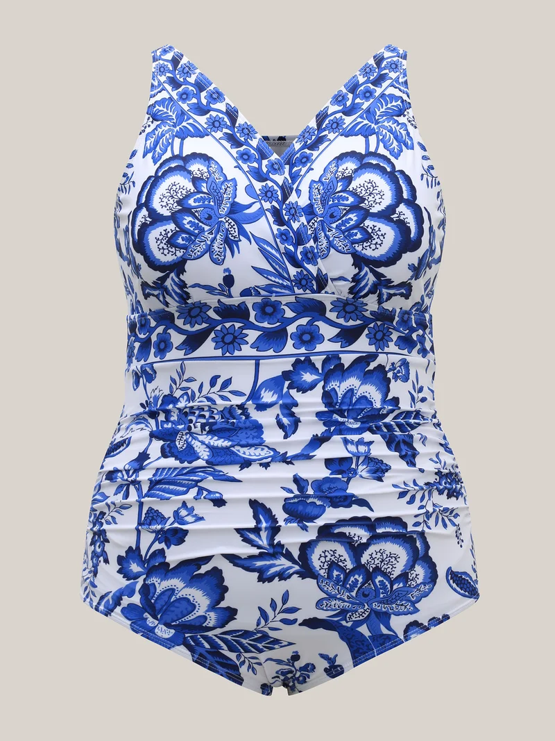 Two-Piece Floral Print Ruched Mesh Swimsuit, Sarong