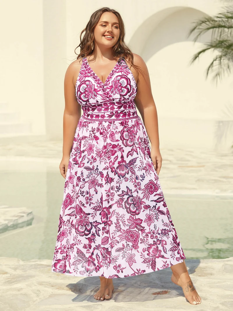 Two-Piece Floral Print Ruched Mesh Swimsuit, Sarong