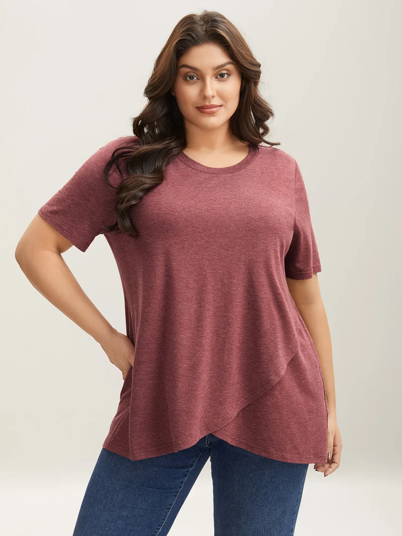 Heather Stretchy Overlap Hem Plain T-Shirt