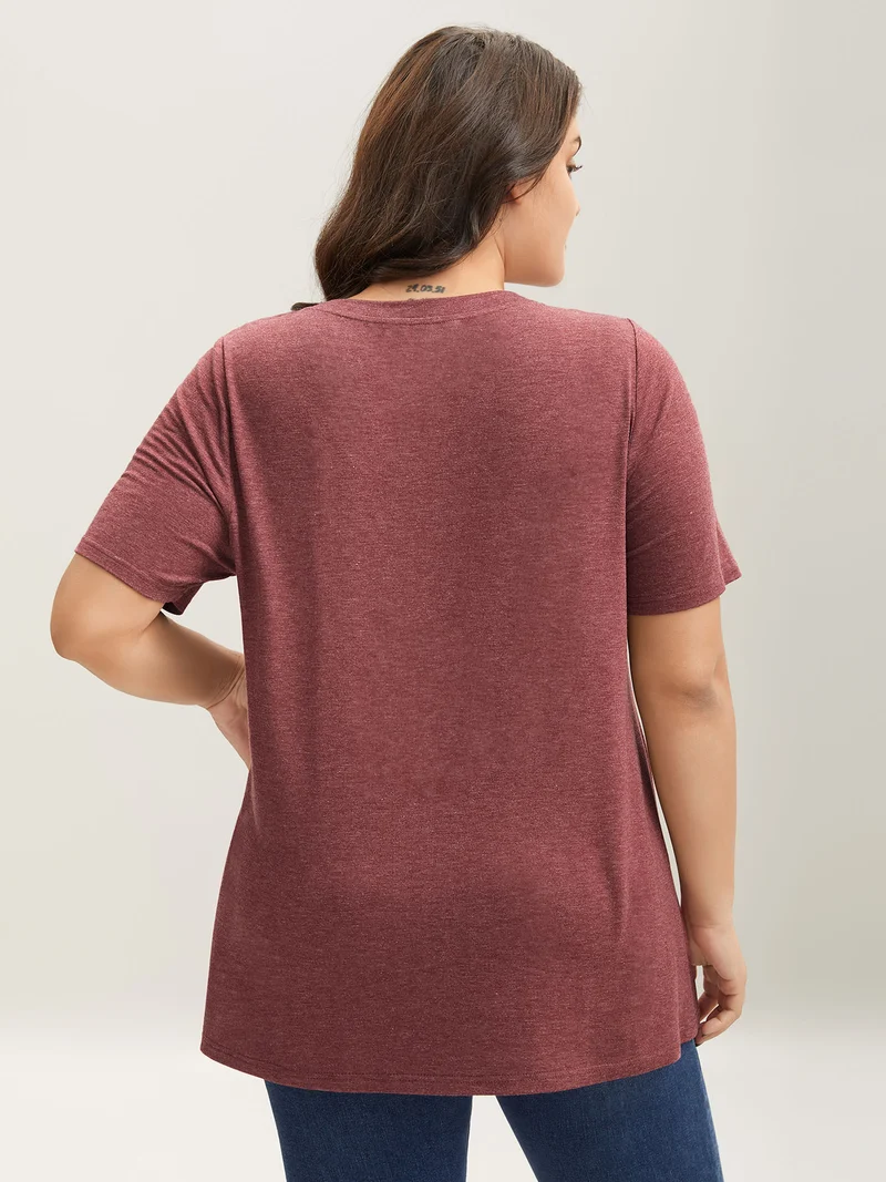Heather Stretchy Overlap Hem Plain T-Shirt