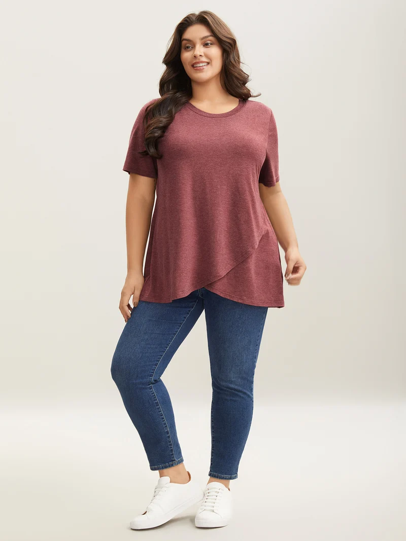 Heather Stretchy Overlap Hem Plain T-Shirt