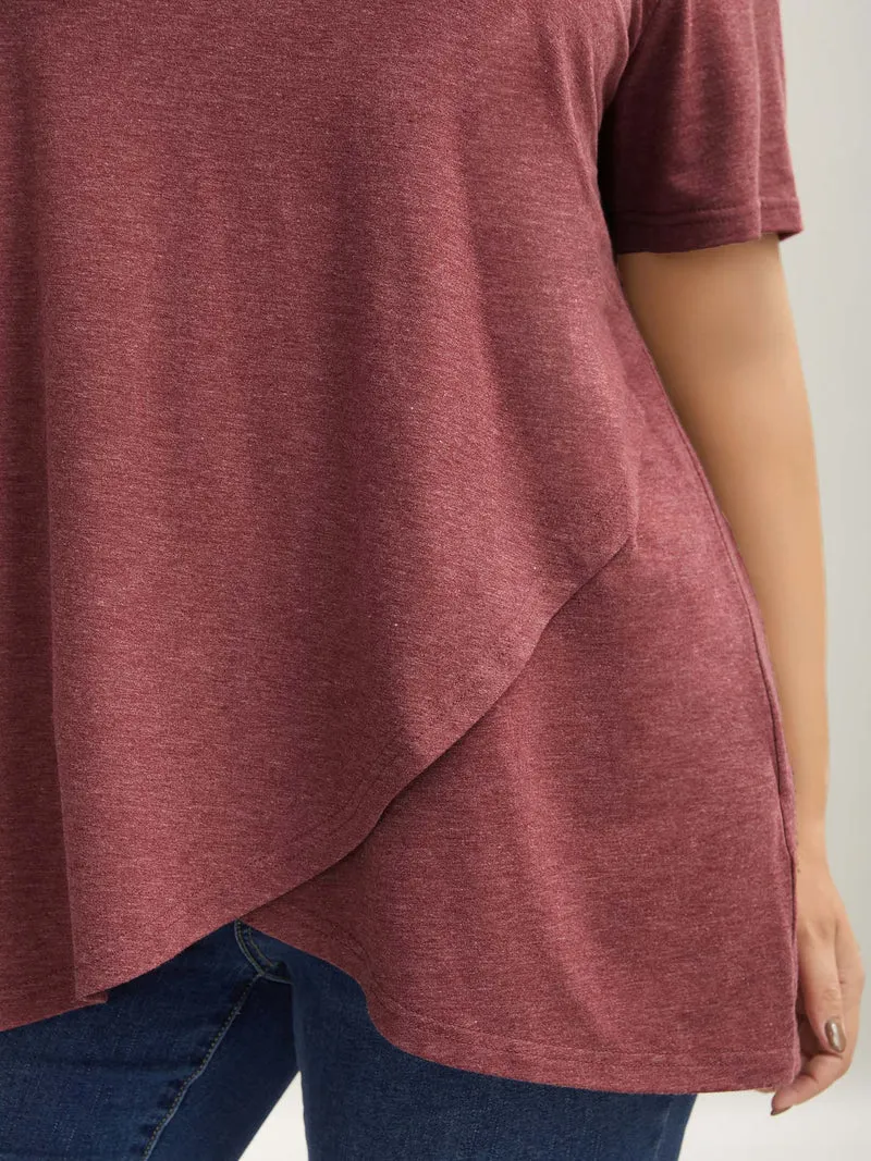 Heather Stretchy Overlap Hem Plain T-Shirt