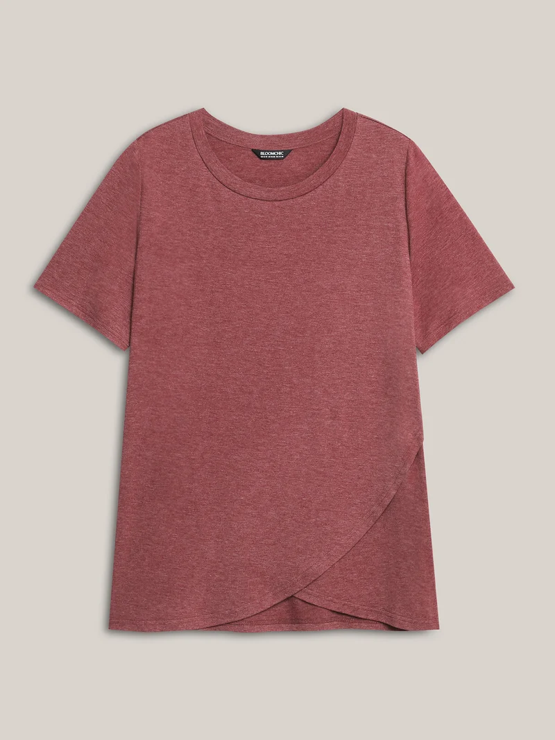 Heather Stretchy Overlap Hem Plain T-Shirt