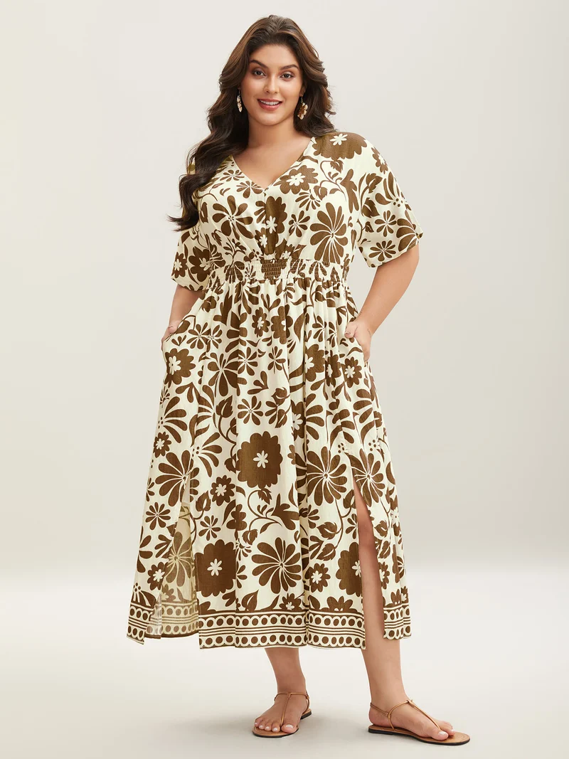 Large Floral Print Pockets Midi Dress